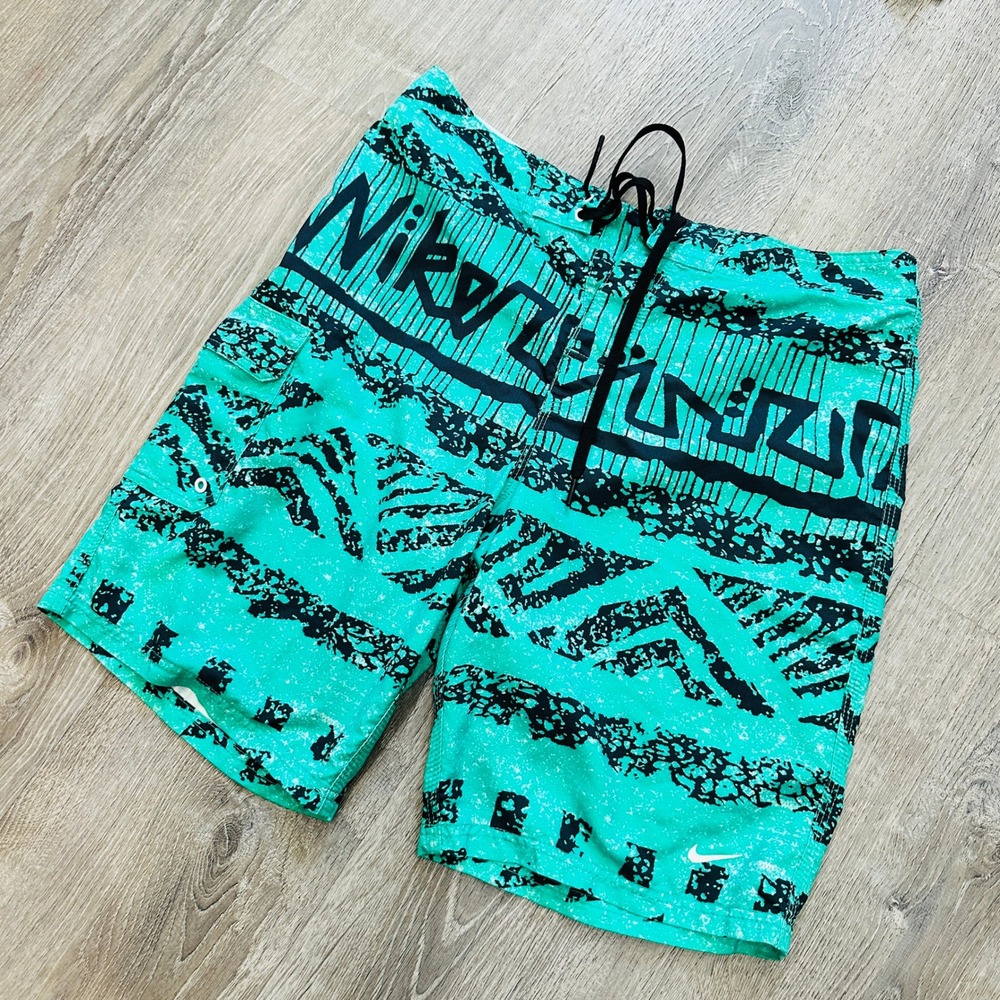 Nike Shorts Mens 34 Teal Black Tribal Geometric‎ Board Shorts Swim Trunks Cargo